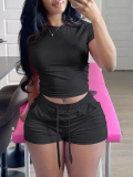 LW BASICS Casual Polyester Sweat Round Neck Solid Color Short Sleeve Two-piece Shorts Set